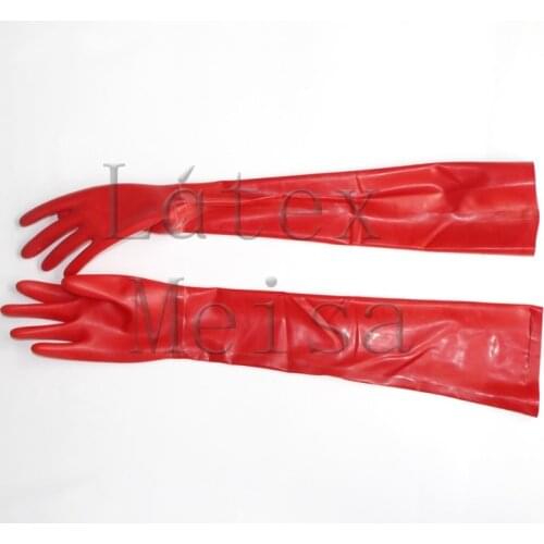100% natural Womens Fetish latex long mitten rubber finger gloves in red color
