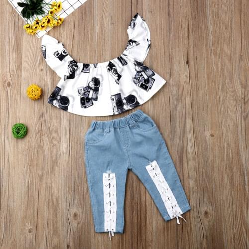 2021 Baby Summer Clothing Children Kids Baby Girl Off Shoulder Tops Shirts +Denim Pants Bandage Jeans 2PCS Outfits Clothes 3-8Y