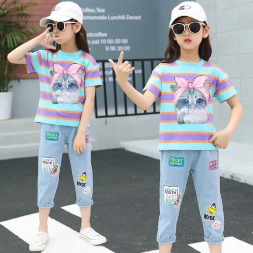 2021 Spring Girls Clothing Suits Pullover +Jean Pant 2pcs Outfit Colored Cotton Tracksuit Sport Suits Casual 4-10T Kids Costume