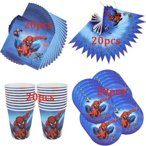 80pcs Spiderman Theme Cartoon Disposable Tableware kids Birthday Party Paper Cups +Plates+Napkins+Flags Sets Party Supplies