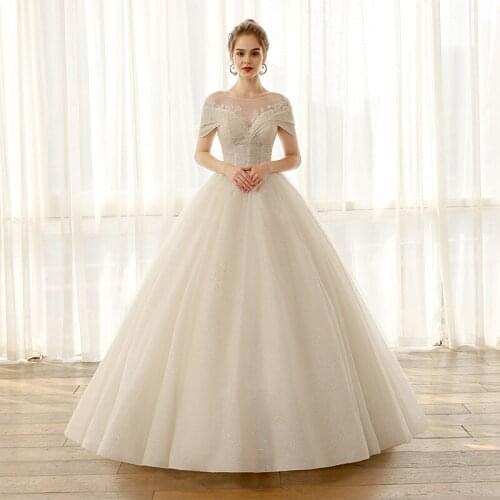 SL8197 new design wedding dresses short sleeve lace illusion neck bridal wedding dress tulle bohemian vintage bridal ball gown