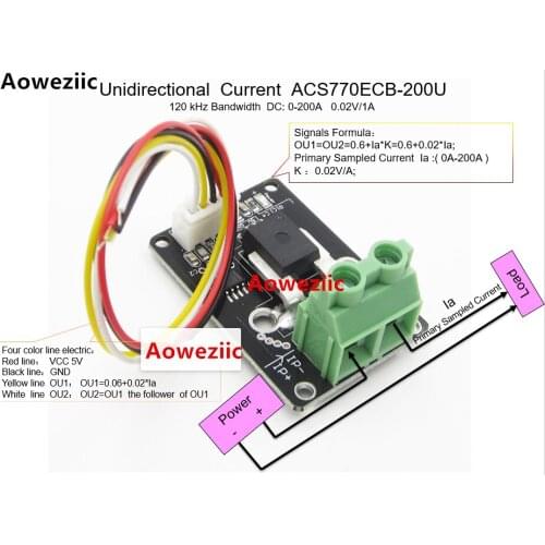 Aoweziic Unidirectional DC Current Sensor module ACS770ECB-200U ACS770ECB-200 ACS770 120 kHz Bandwidth DC: 0-100A 0.02V/1A