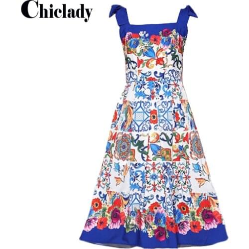 CHICLADY SUMMER camisole fashion blue floral printed midi dress for women designer casual loose dresses robe vestidos de fiesta