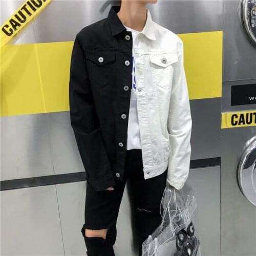 Men Streetwear Black White Two-tone Patchwork Slim Fit Jean Jackets Motorcycle Man Hip hop Cotton Casual Denim Jackets Coats