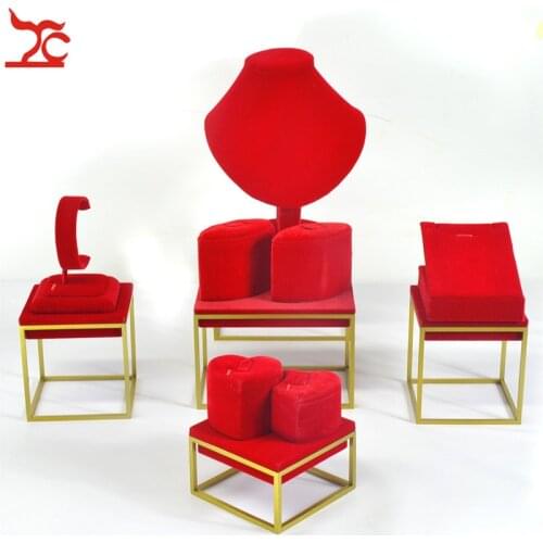 Quality Stainless Steel Jewelry Display Rack Red Velvet Bracelet Ring Pendant Organizer Earring Watch Window Display Stand Set