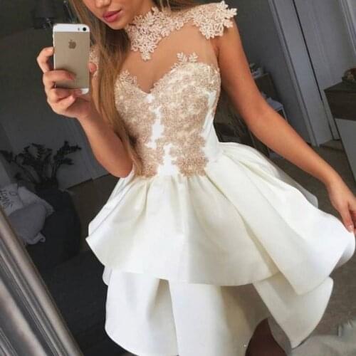 Short Skirt Stain Appliques High Neck Sleeveless A-Line Party Dresses Custom Made New Coming Prom Dresses