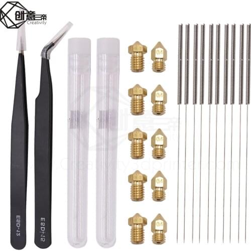 Creativity 10pcs MK8 V6 Nozzles 0.4MM + 10pcs Cleaning Needles 0.4mm Drill Bits +Pt. ESD-15 PT.ESD-12 tweezers 3D printer Parts
