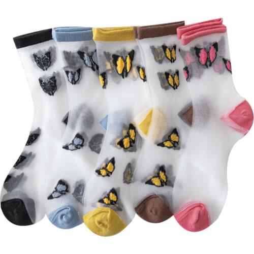 Summer Butterfly Pattern Socks Women Nylon Transparent Socks Girls Harajuku Cute Embroidered Socks Ladies Fashion calcetines