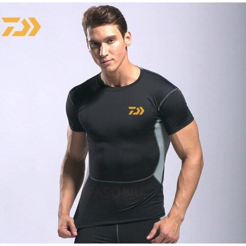 Daiwa Mens Running T-Shirts Quick Dry Compression Sport Fishing T-Shirts Fitness Gym Running Shirts Soccer Shirts Mens Jersey