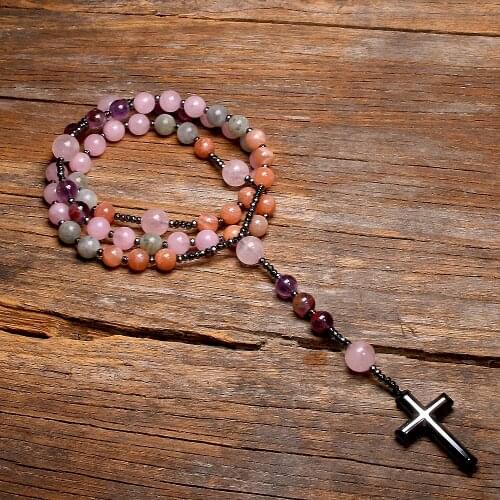 Christ Rosary Necklaces Natural 8mm Rose Quartz Mala Labradorite Jewelry Sunstone Cross Pendant Necklace For Women