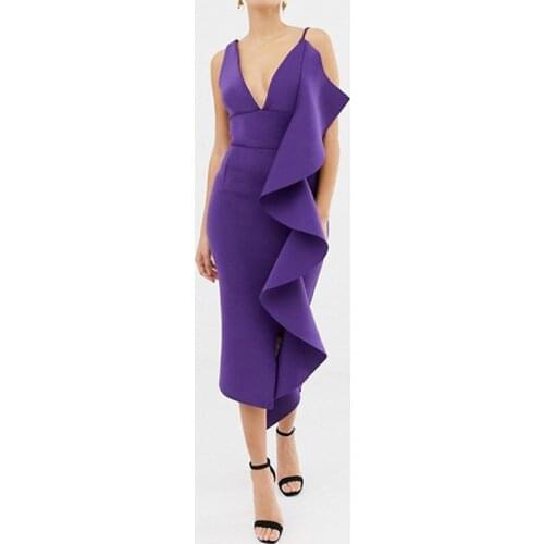 Sexy Backless Sleeveless Dress Summer Sling Purple V Neck Splicing Ruffle High Waist Dresses Ladies Elegant Night Party Dress