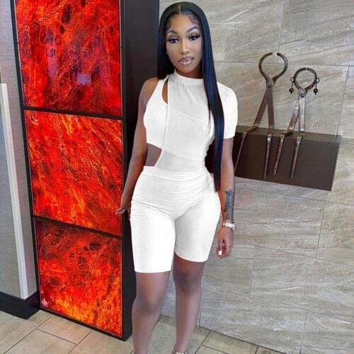 Sexy Bodycon 2 Piece Sets Womens Outfits Shorts One Shoulder Asymmetical Birthday Club Outfits Skinny Party Romper Matching Sets