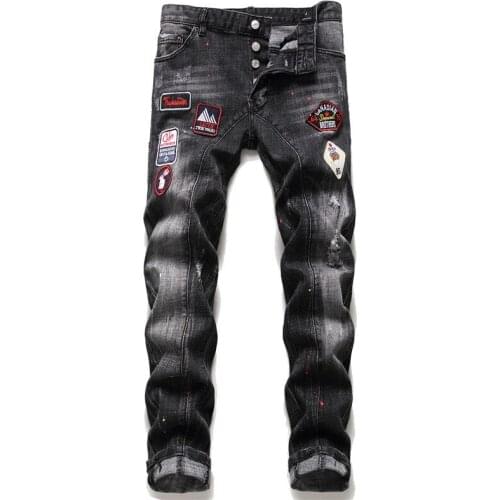 SEVEYFAN 2021 Mens Fashion Badges Painted Jeans Vintage Ripped Hole Straight fit Denim Pants for Male