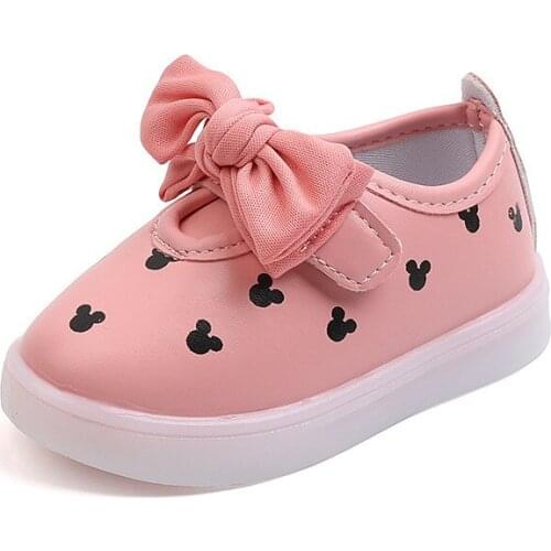 2021 New Girls Light Up Korean Childrens Shoes Bow-knot Casual Princess Shoes Spot Breathable Non-slip Cute LED Fashion 21-30
