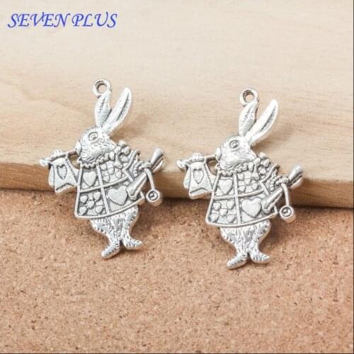 High Quality 20 Pieces/Lot 25mm*36mm Antique Silver Plated Trumpeting Rabbit Alice In Wonderland Charms