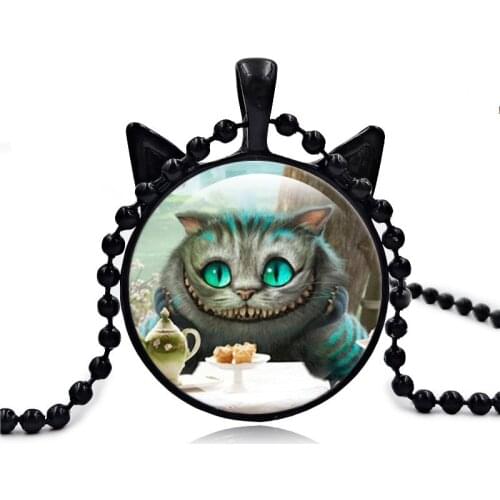 2021 hot selling Cheshire Cat Necklace Alice In Wonderland Jewelry Glass Cabochon Black Cat Pendant chain necklace women