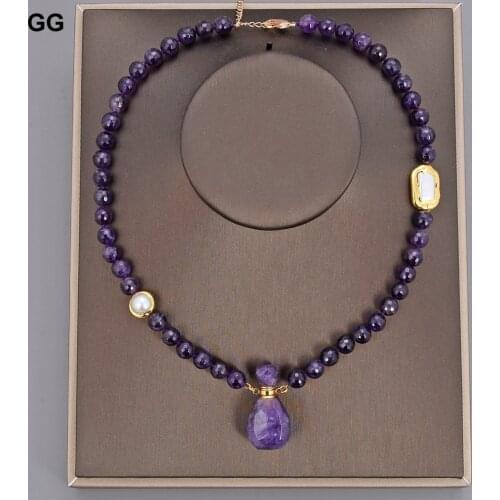 GuaiGuai Jewelry Natural Cultured White Baroque Keshi CZ Pave Pearl Faceted Round Amethyst Necklace Amethysts Pendant For Women