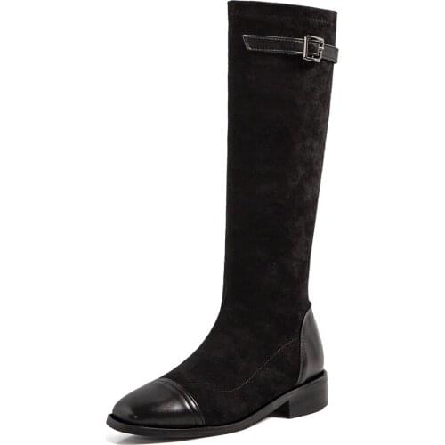 Soft Leather Velvet Stitching Microfiber Sleeve Womens Boots Square Toe Low-Heeled Warm Plush Winter Knee-Length Boots