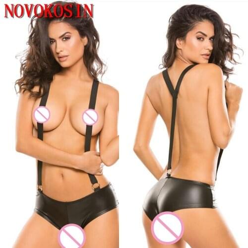 KH44 M-2XL 2018 Plus Size Faux Erotic Faux Leather DS Lingerie Sexy Women Underwear Bodysuit Strap Singlet Pants Jumper Shorts