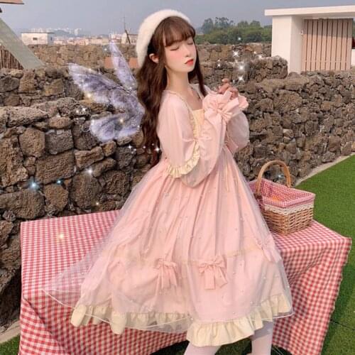 Lolita fairy dress women autumn winter new sweet temperament mesh lolita long sleeve big swing dress