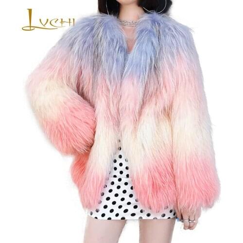 LVCHI 2019 Winter Fox Real Fur Coats Women Full Pelt V-Neck Slim Pink Weaving Causal Fur Coat Full Sleeve Short Fox Fur Coats