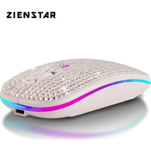 Zienstar Bling Dazzling Rechargeable 2.4GHz+5.2 Bluetooth Wireless Mouse Covered with Crystal Diamond Rhinestone,RGB Backlit