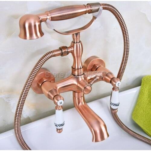 Antique Red Copper Bathtub Faucets Wall Mounted Bathroom Mixer Tap With Hand Shower Head Bath & Shower Faucet Lna328