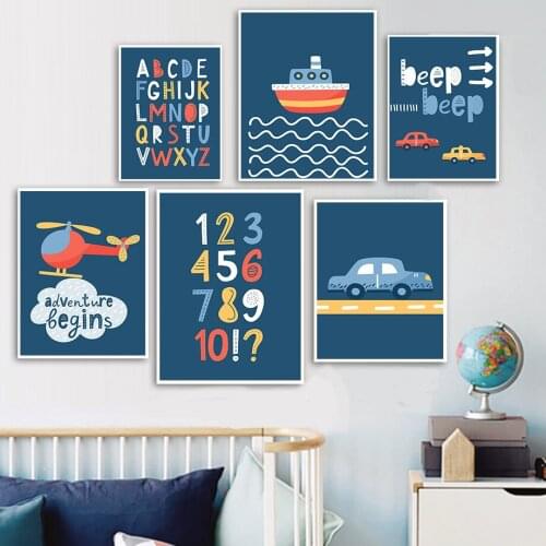 Car Plane Ship Number Alphabet Education Wall Art Canvas Painting Nordic Posters And Prints Wall Pictures Baby Kids Room Decor