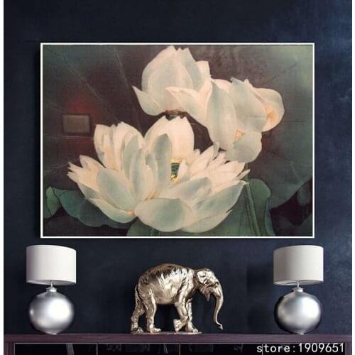 No frame Chinese style white lotus flower canvas printings oil painting printed on cotton home wall art decoration pictures