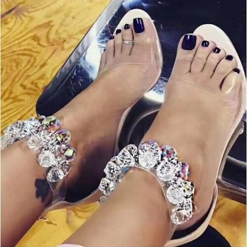 Clear Crystal Ankle Strap Women Fashion PVC Sandals Concise Style Ladies Sexy High Heels Patent Leather Patchwork Party Stiletto