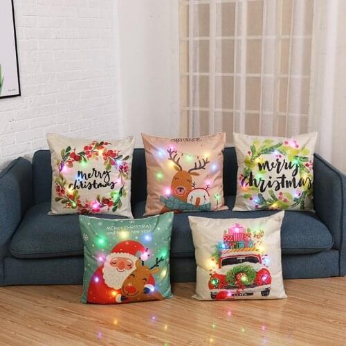 C07045 Merry Christmas Pillow Covers Xmas Santa Deer Snowman Prints Cushion Case LED Decorative Throw Pillows for Couch