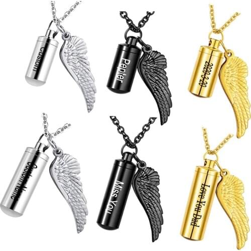 Custom Cylinder Cremation Urn Necklace for Ashes Stainless Steel Memorial Keepsake Pendant Jewelry with Angel Wing