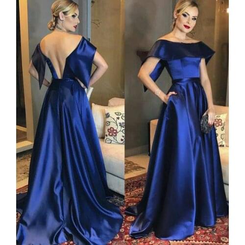 Long Satin Off Shoulder Mother of the Bride Dresses with Pockets Floor Length Blue Wedding Party Dresses for Women