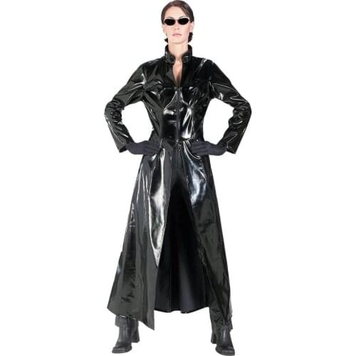 Hot selling black faux leather pvc long gothic overcoat fancy dress for men and women pu leather long jacket coat plus size