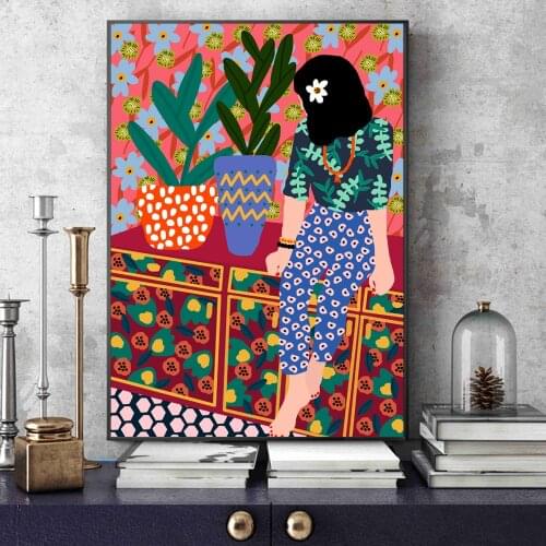 Hawaiian Girl On Balcony Cartoon Picture Poster And Prints Canvas Wall Art Paintig Modern Decor For Living Room wall decoration
