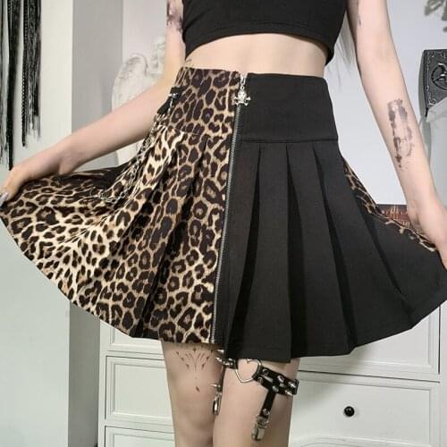 Gothic Dark Black Mini Skirt Punk Streetwear Solid Black And Leopard A Line Skirts Harajuku High Waist Pleated Skirt Goth
