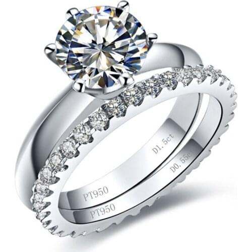 Solid Platinum PT950 Ring 1.55CT Round Fine Diamond Rings Promise Love Rings Wedding Jewelry Bridal Engagement Ring D Color VVS1