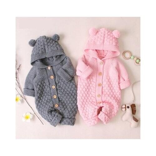 Explosion four seasons boys girls baby children three-dimensional solid color wool ball hooded knit comfortable warm jumpsuit