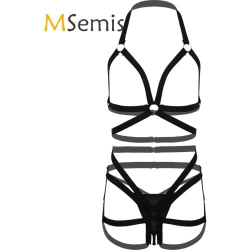 Womens O Ring Connected Elastic Band Lingerie Set Hollow Out Strappy Underwear Nightwear Open Cup Bra Panties Set