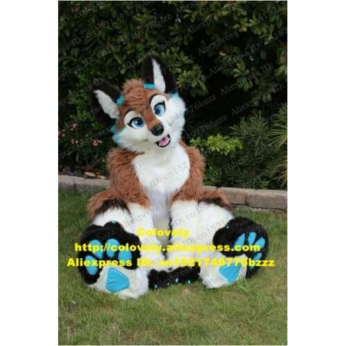 Brown Long Fur Furry Fox Husky Dog Wolf Fursuit Mascot Costume Adult Cartoon Character Outfit Live-dressed Public Welfare zz7588
