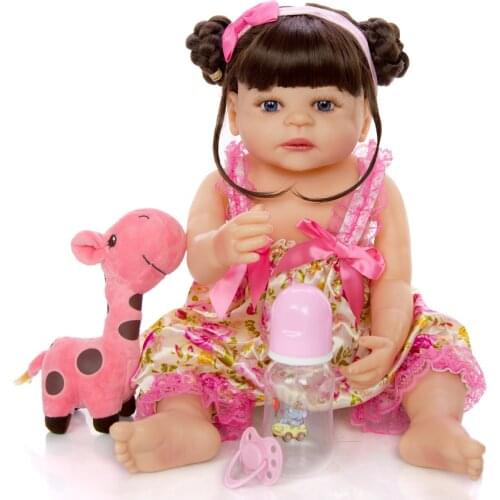 NPK DOLL 55CM bebe doll reborn toddler girl doll in pink dress full body soft silicone realistic baby Bath toy waterproof