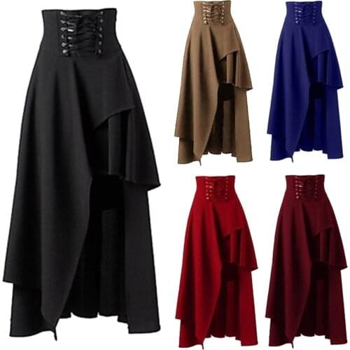 HOT SALES！！！Steampunk Vintage Women Solid Color Lace Up High Waist Irregular Maxi Skirt Wholesale Dropshipping