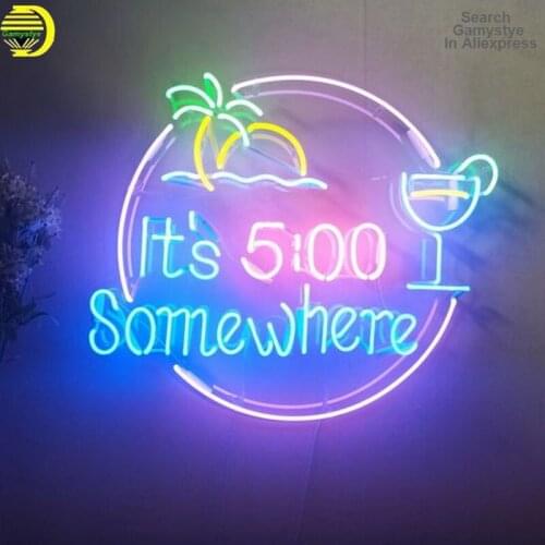 Neon Sign 10Kv Its 5 O'clock Somewhere Neon Light Sign Palm Tree Glass Wall Light Parrot Lamps Aesthetic Room Lamp Anime Inside