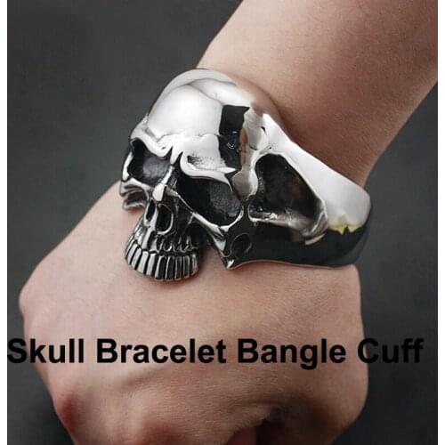 Punk Fashion Men Open Bangles Solid 316L Stainless Steel Cool Mens Biker Huge Heavy Retro Skull Cuff Bracelet 5J022
