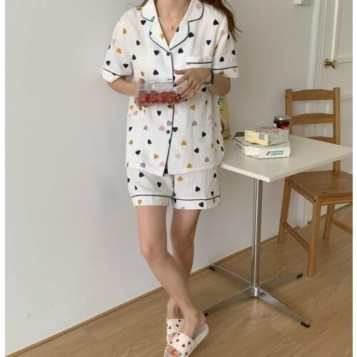 Women pajamas set comfortable soft 100% cotton summer homewear 2 piece set loose colorful heart print cute sleepwear home Y408