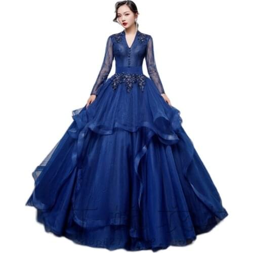 Freeship royal blue long sleeve v neck flower lace long dress gown Medieval Victorian Ball stage performance/can customs size