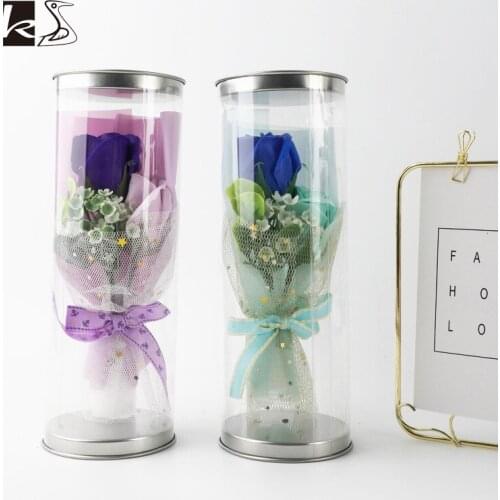 Romantic Transparent Round PVC Cylinder Artificial Scented Rose Carnation Artificial Bouquet Fake Flower Valentines Day Gifts