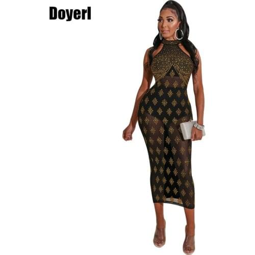 Rhinestone Sexy Party Dress Women Clothes Summer Sparkly Halter Sheer Mesh Slim Sheath Midi Bodycon Dress Black Night Club Dress
