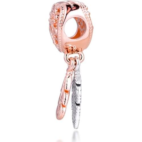 Silver Charms fits for Necklaces Bracelets Heart & Two Feathers Dreamcatcher Beads 100% 925 Sterling-Silver-Jewelry Free Shippin