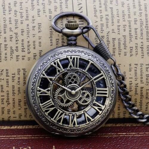 Top Brand Hollow Black Gear Skeleton Dial Mechanical Fob Pocket Watch Clock Pendant Hand-winding Best Gift for Men Women PJX1311